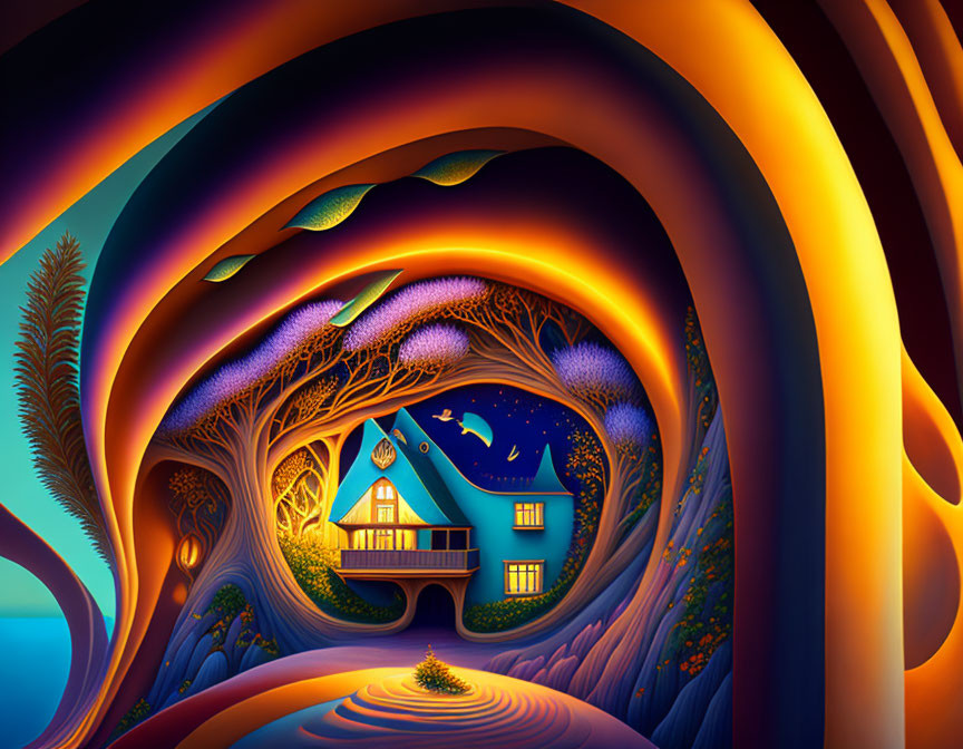 Colorful Whimsical Landscape with House and Tree Roots