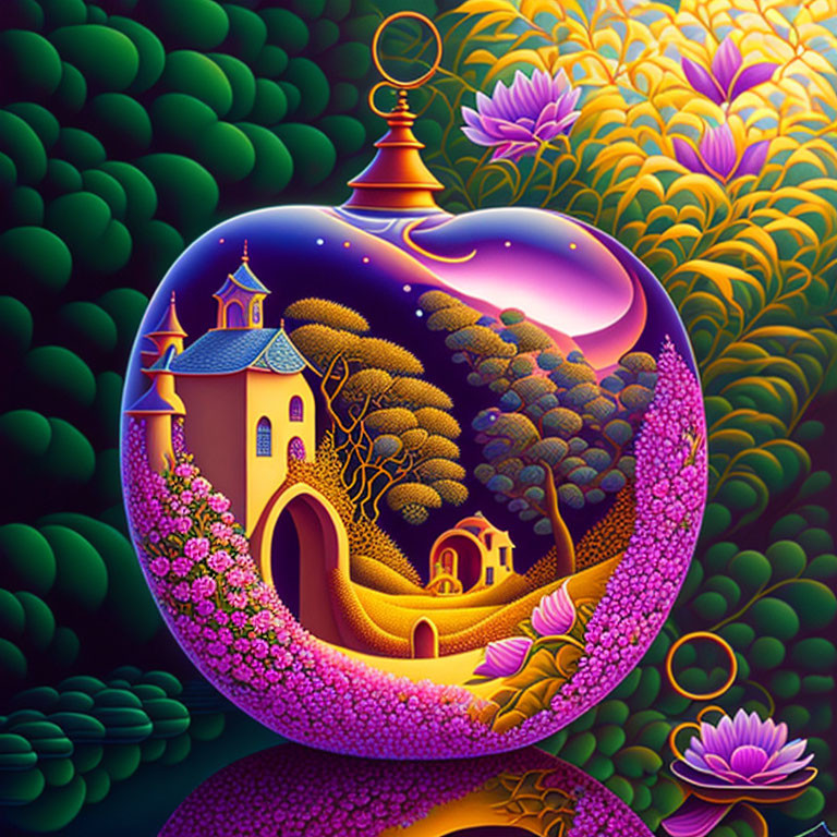 Fantasy landscape in apple-shaped glass orb with castle, trees, and flowers