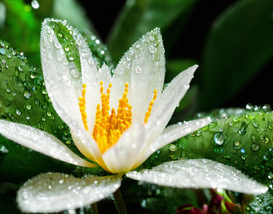 White Flower Close-Up with Yellow Stamen and Dewdrops on Petals