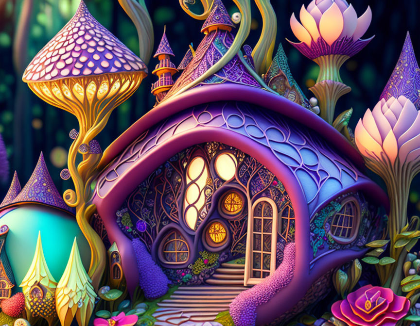 Fantasy mushroom house illustration with colorful plants and starry night sky