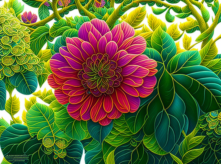 Detailed Illustration of Large Pink and Red Flower surrounded by Green Foliage