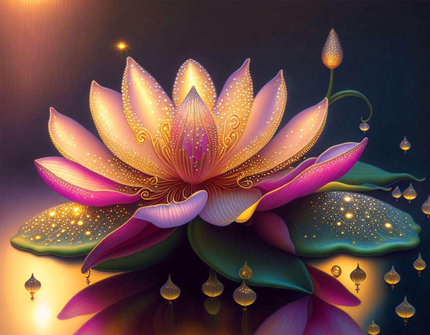 Colorful Lotus Flower Illustration with Pink and Purple Petals on Water