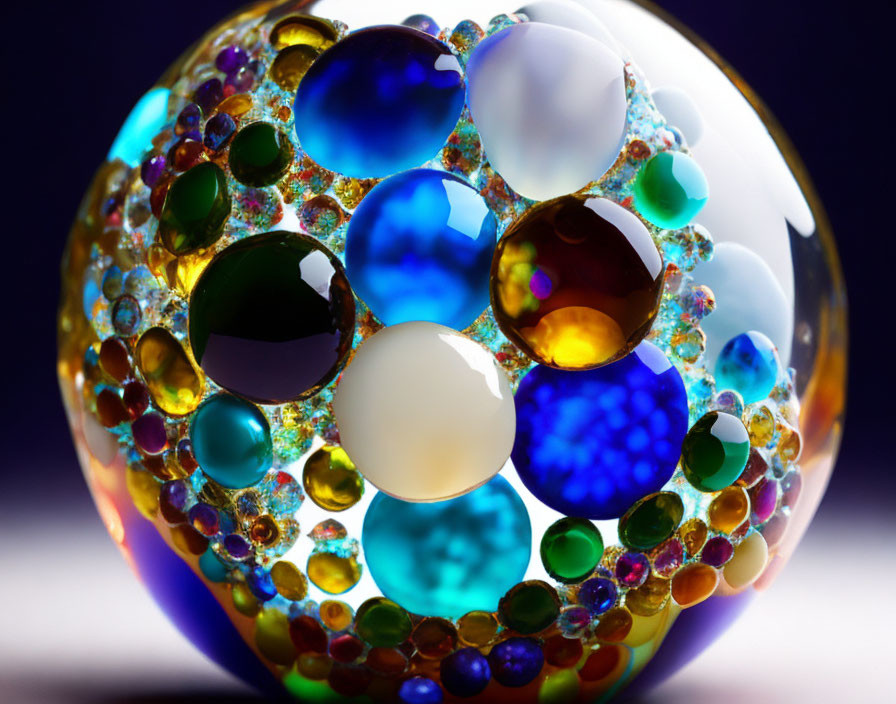 Colorful Translucent Sphere with Embedded Smaller Spheres on Purple Background