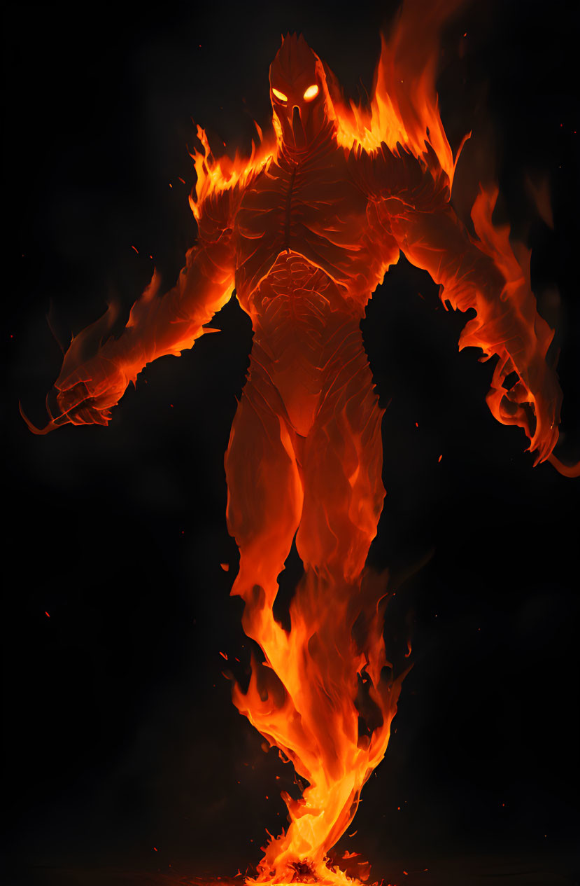 Fiery humanoid figure with glowing eyes in flames