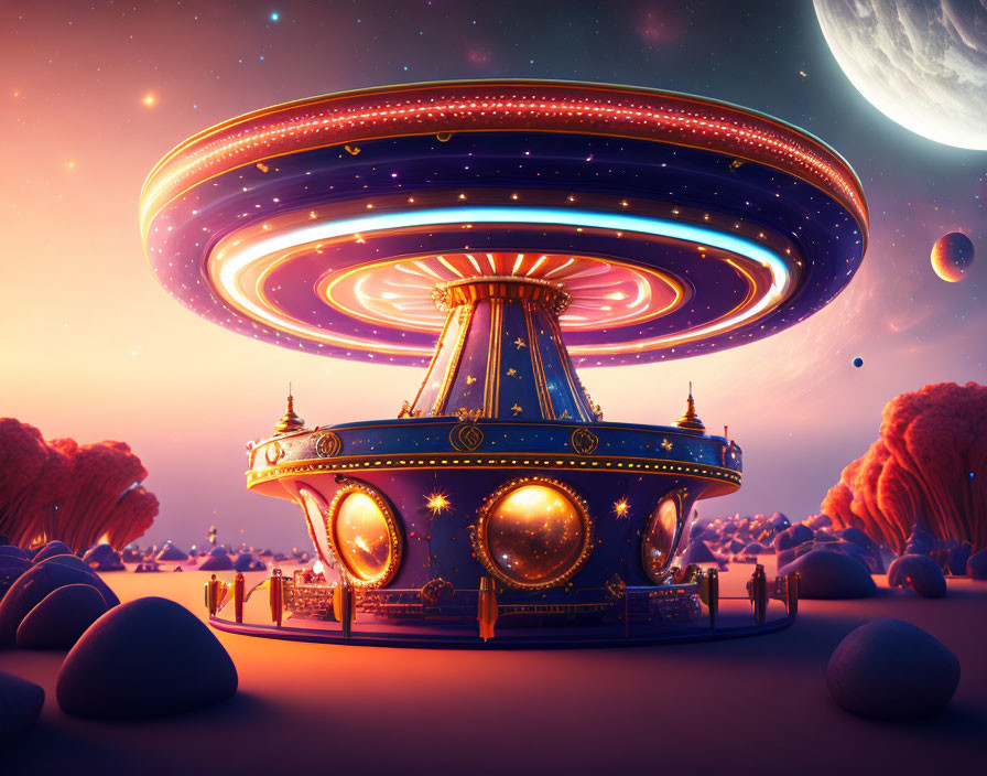 Large ornate flying saucer in alien landscape with purple sky and odd-shaped trees