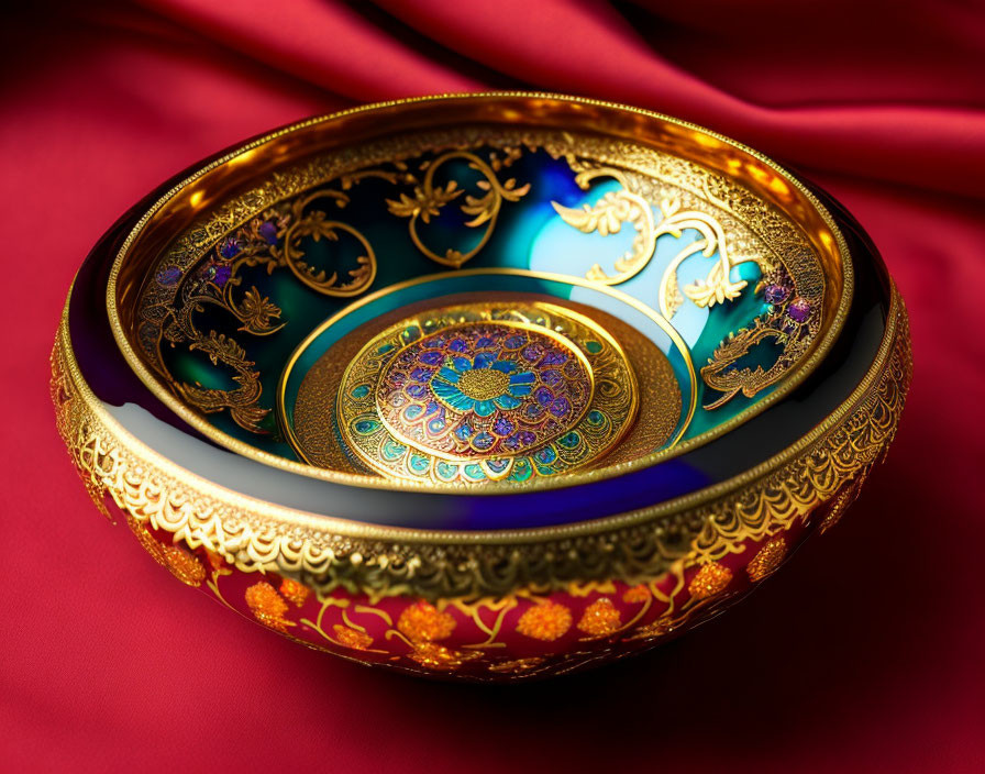 Golden-trimmed bowl with blue and red patterns on red satin background