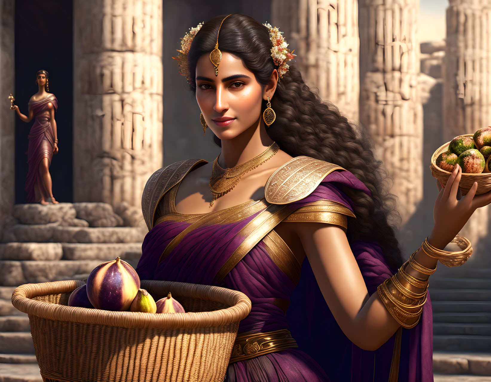 Digital artwork of woman in ancient regal attire with fruit basket against classical architecture