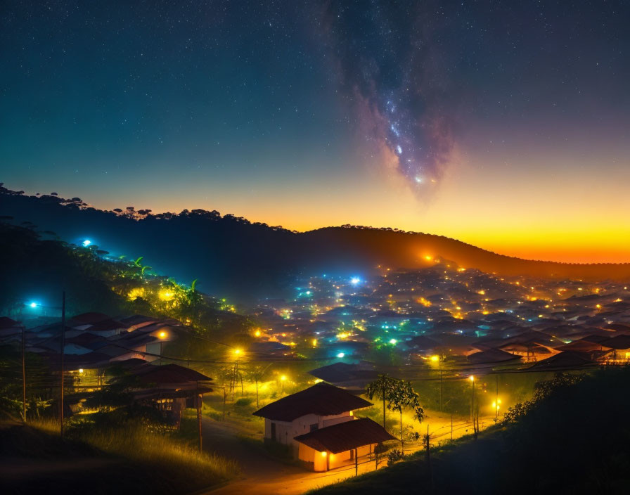 Twilight village with illuminated homes in rolling hills under starry sky