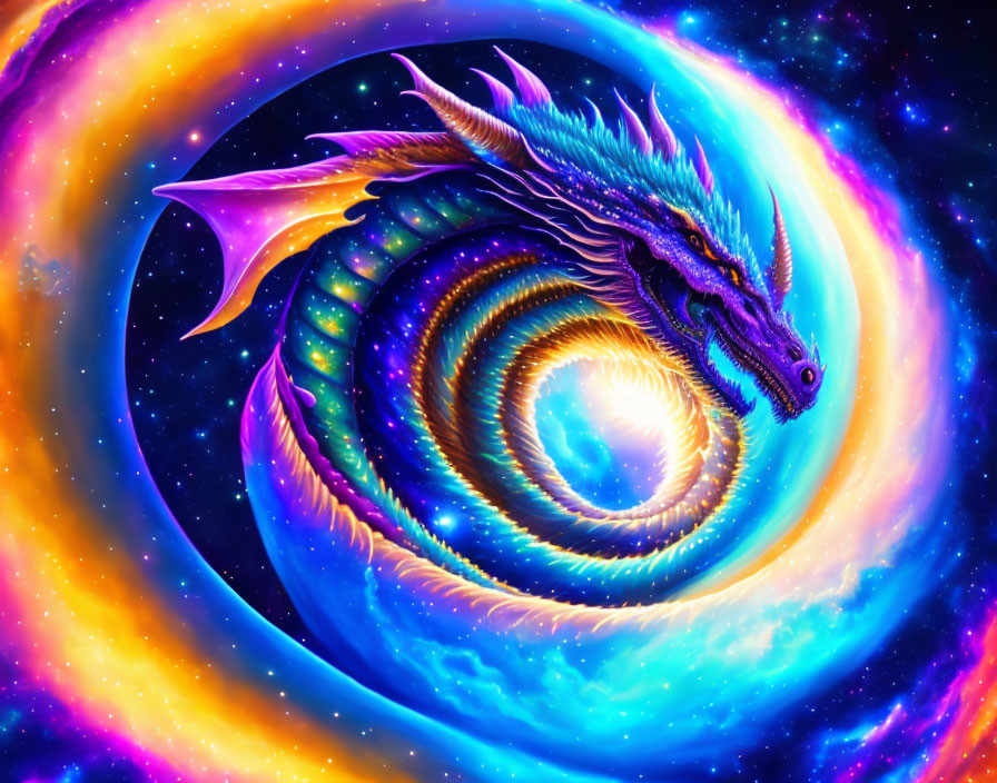 Colorful cosmic dragon in swirling body against starry space backdrop