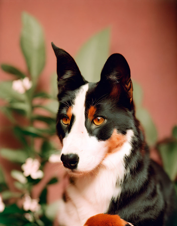 Tricolor Border Collie with black, white, and tan markings in nature setting