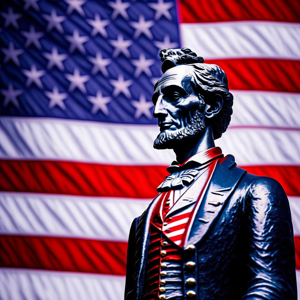 Abraham Lincoln Statue with American Flag and Dramatic Lighting