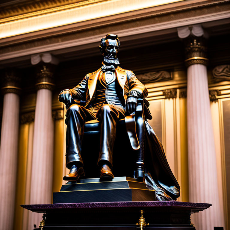 Bronze seated male figure in 19th-century suit in ornate room