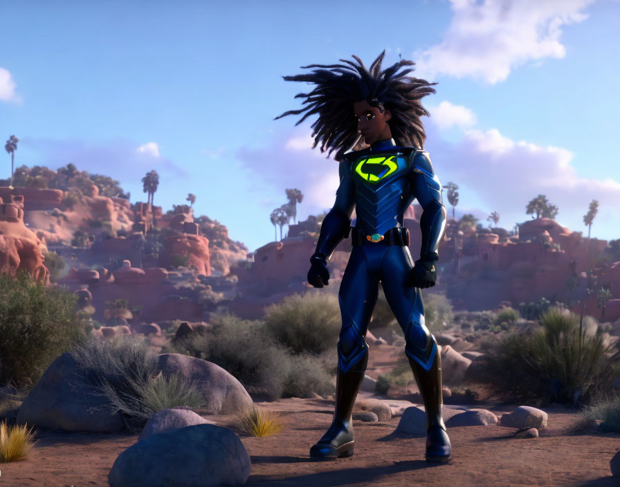 Animated superhero in black and blue suit in desert landscape