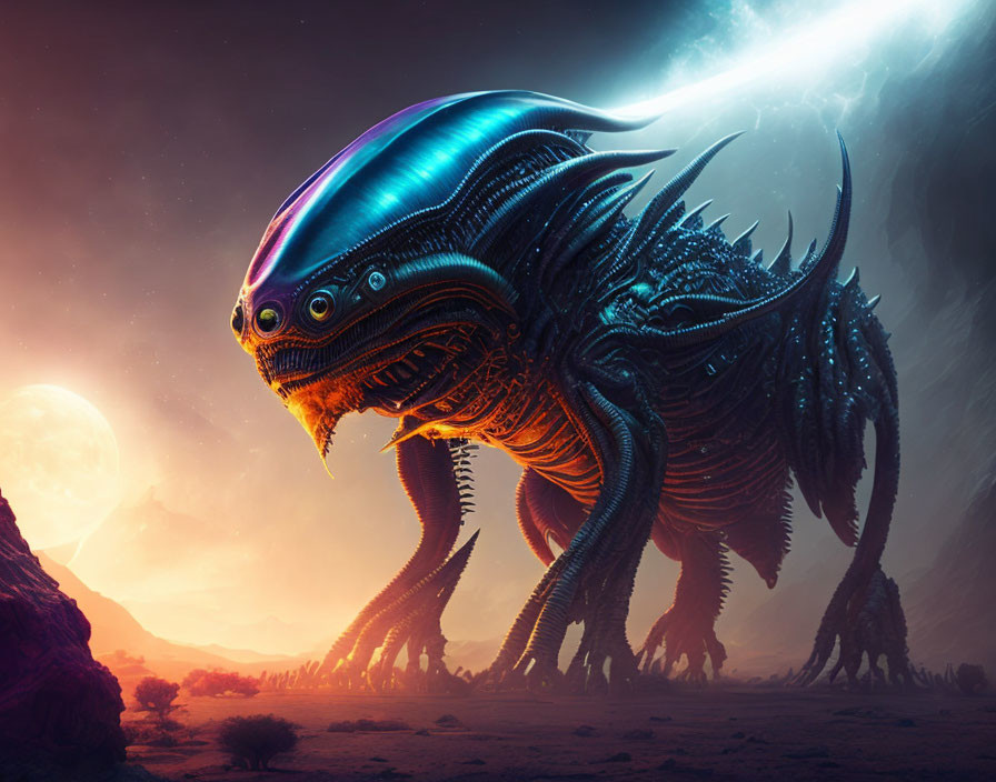 Giant alien creature with shiny exoskeleton on barren landscape