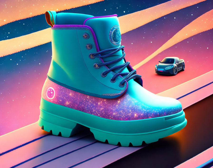 Holographic galaxy print boot on chunky sole in neon-lit retro-futuristic scene