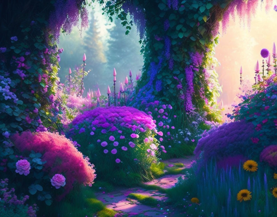 Vibrant fantasy garden with purple flowers and magical light