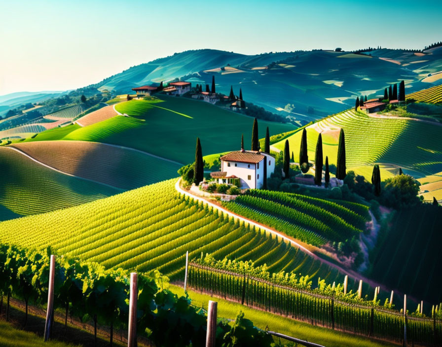 Scenic vineyards and white house on green hills at sunset