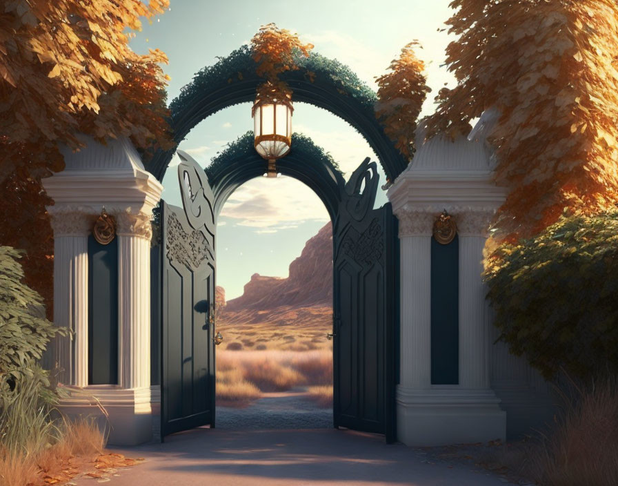 Intricate Open Gate Leading to Desert Landscape with Autumn Trees