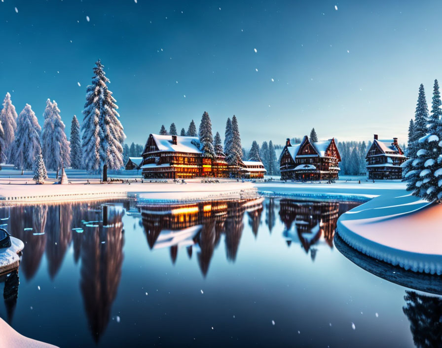 Snow-covered chalets and lake under twilight sky with falling snowflakes