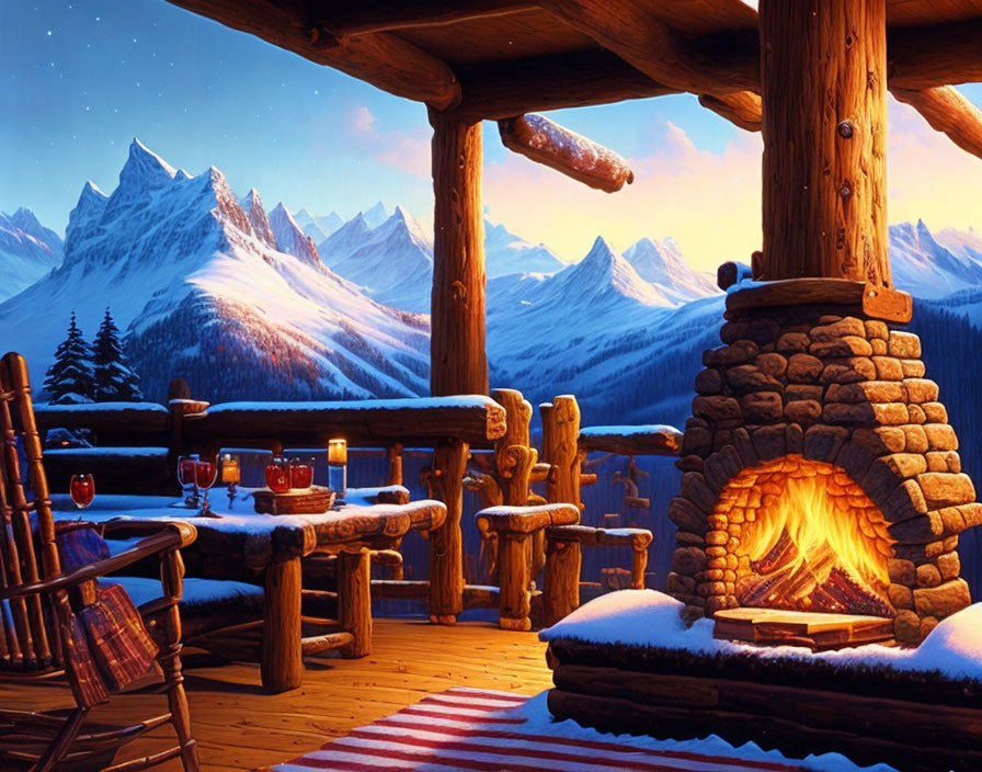 Wooden Cabin Porch with Fireplace Overlooking Snowy Mountain Landscape at Twilight