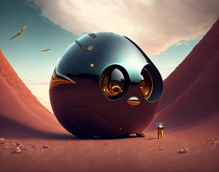 Futuristic black spherical robot with golden eyes in desert landscape