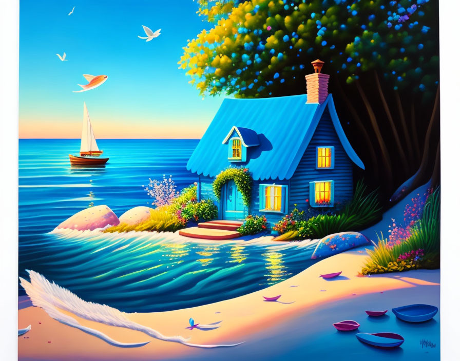 Serene sea cottage illustration with sailing boat, birds, flowers, and seashells