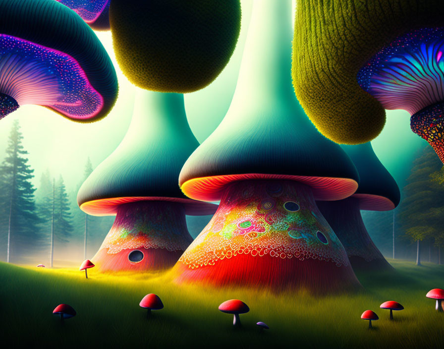 Colorful oversized mushrooms in a mystical forest setting