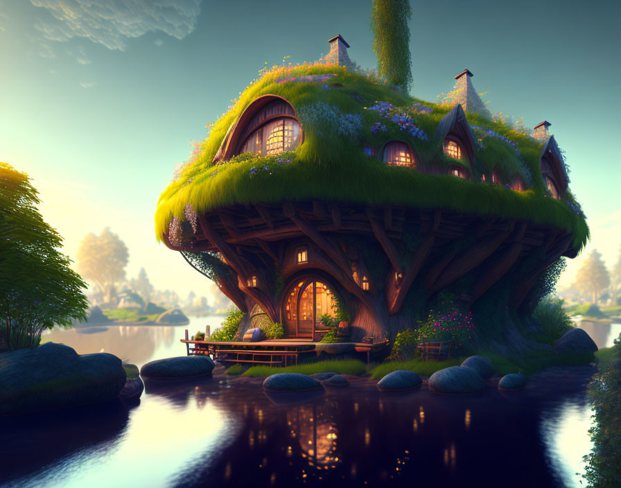 Fantasy-style house with grassy roof in serene landscape at dusk