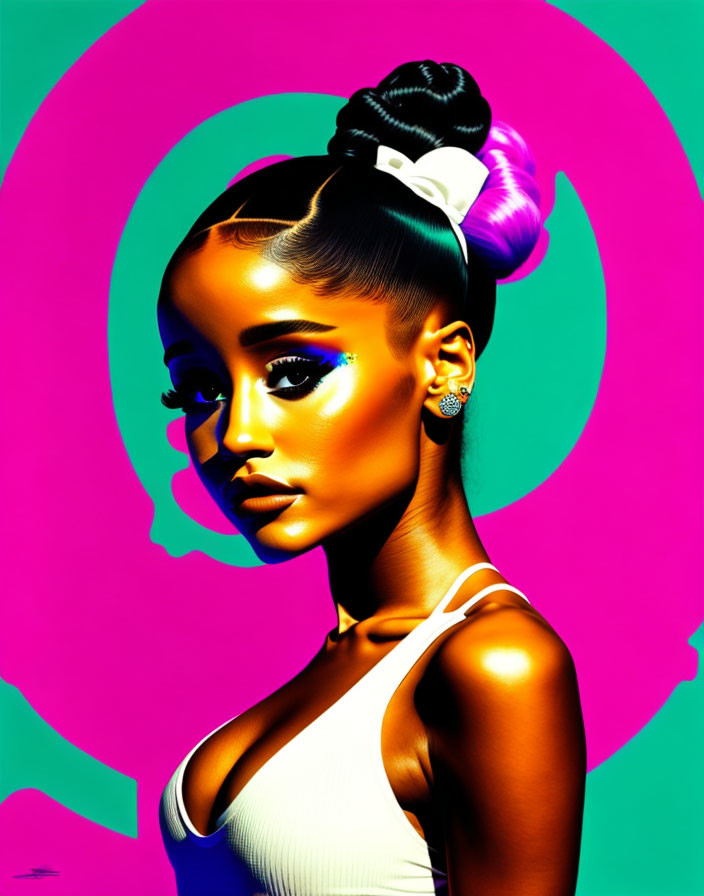 Vibrant makeup woman portrait with elaborate bun on neon backdrop