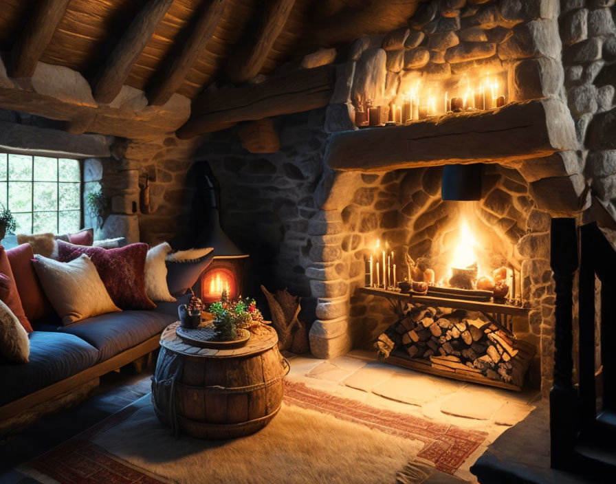 Warm Rustic Interior with Fireplace, Candles, Pillows, and Wood Barrel Table