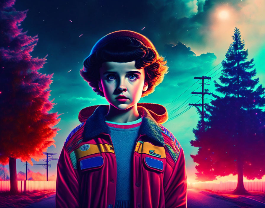 Young person in jacket with concerned expression against eerie night sky and trees