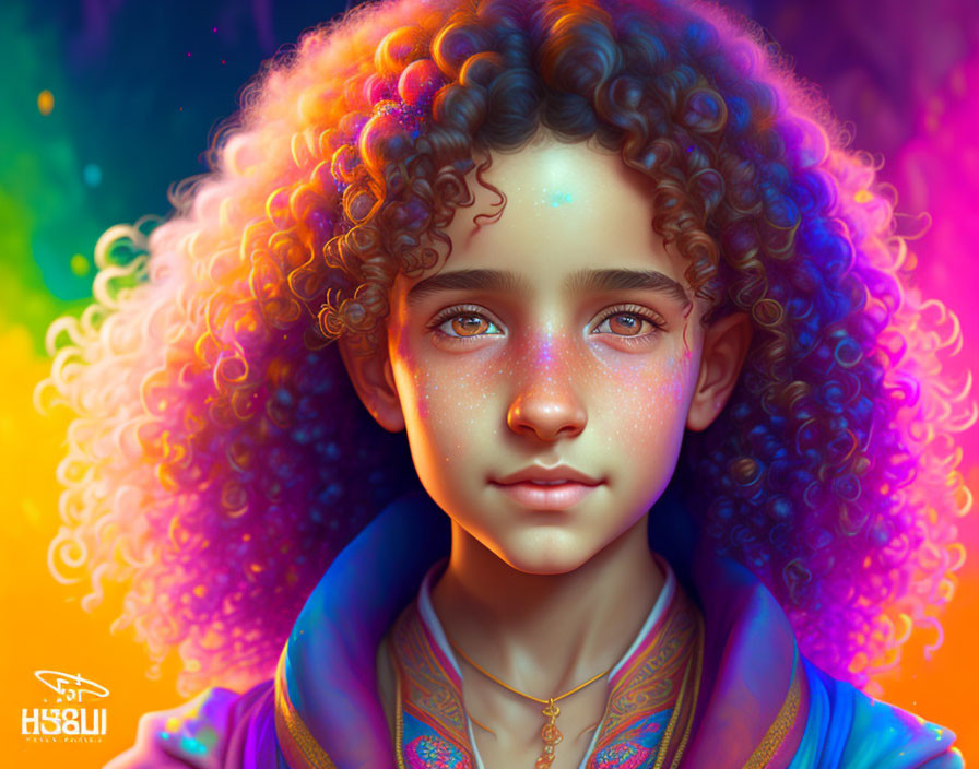 Vibrant digital portrait with curly hair on multicolored background