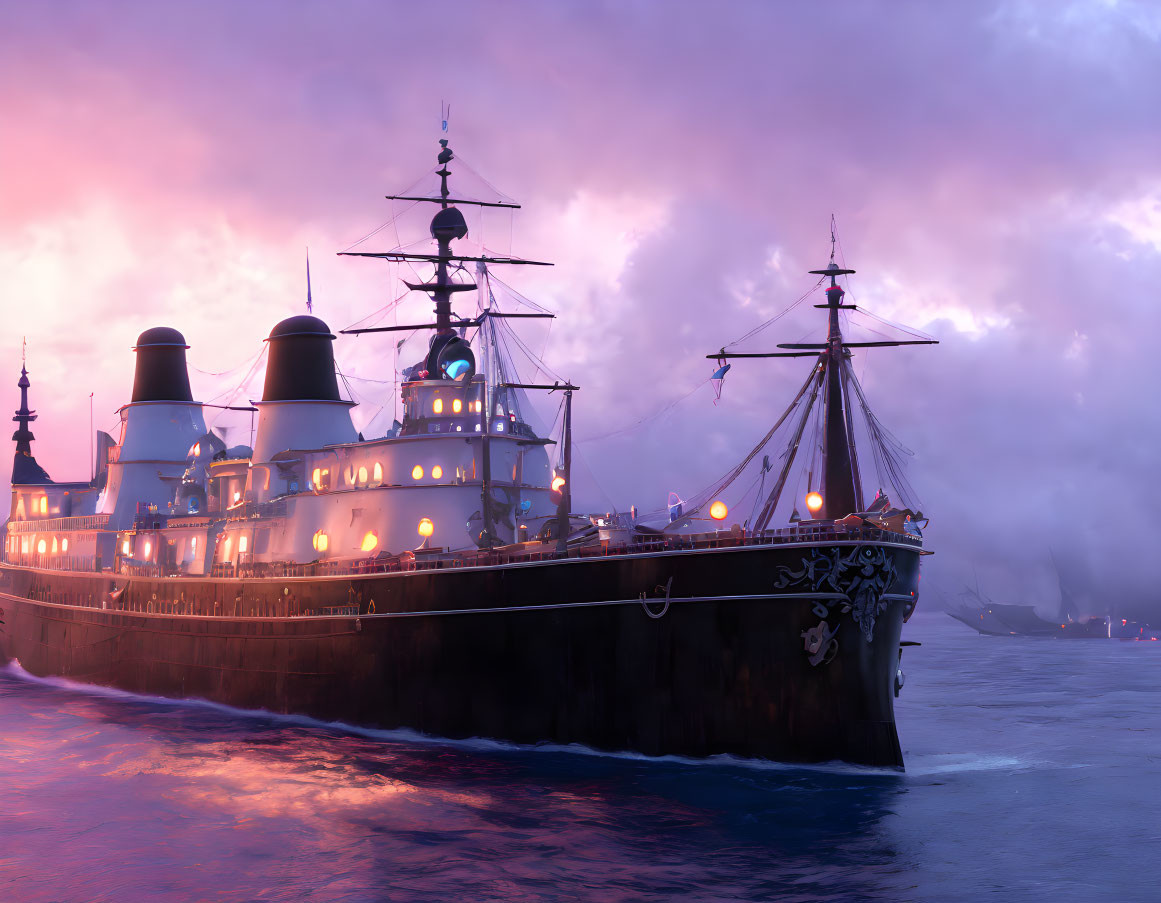 Majestic ship with lit windows sailing at dusk or dawn in pink and purple sky with trailing fog