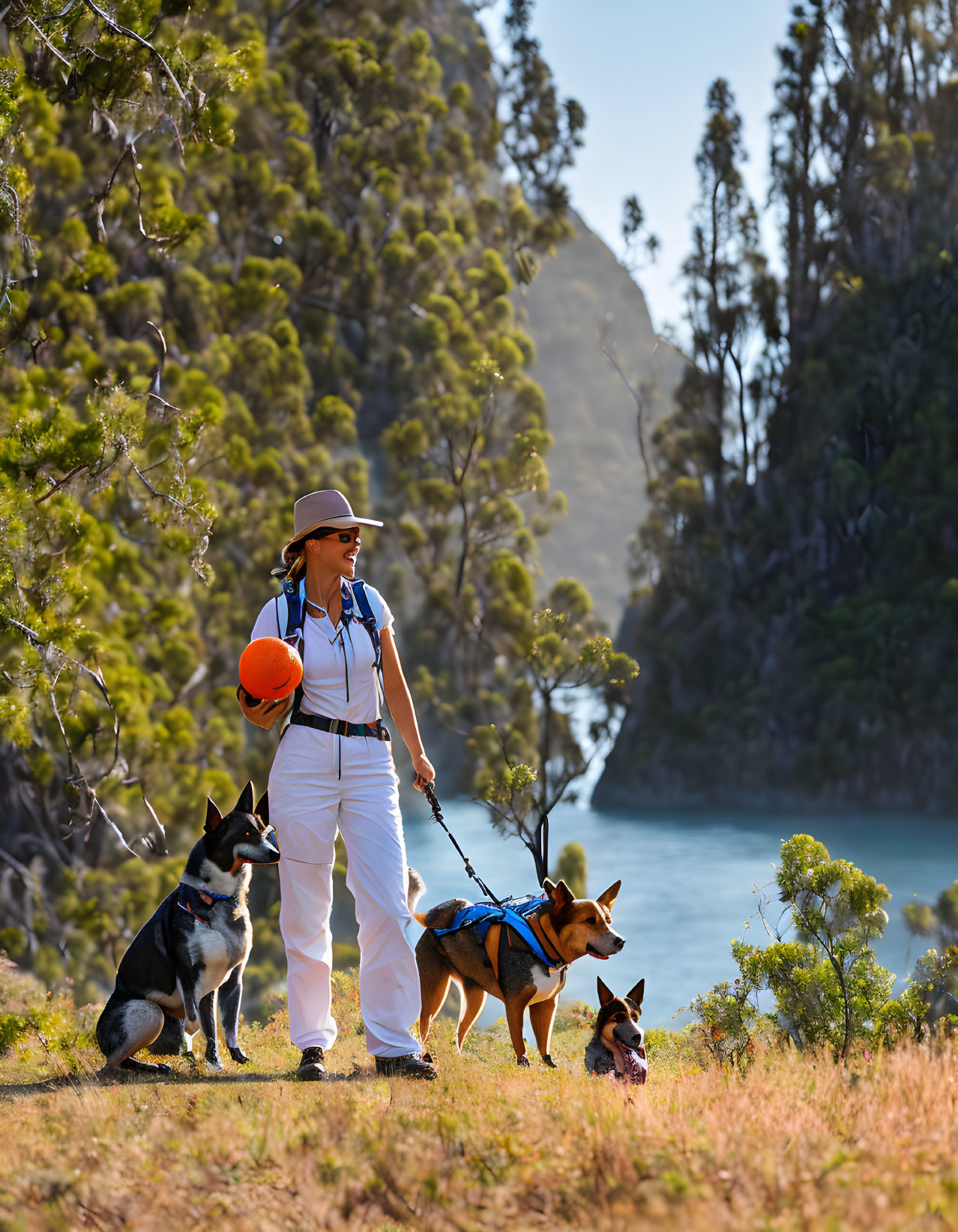 Hiker with three dogs by scenic river holding a ball