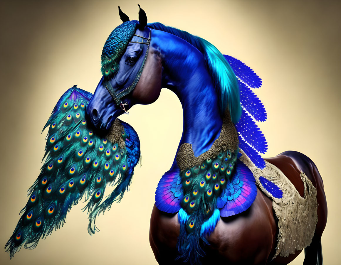 Digital Artwork: Horse with Peacock Feathers and Vibrant Blue & Green Colors