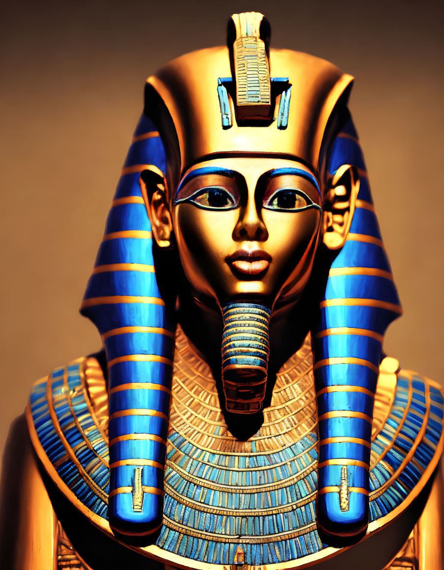 Ancient Egyptian Pharaoh Bust with Striped Blue and Gold Headdress