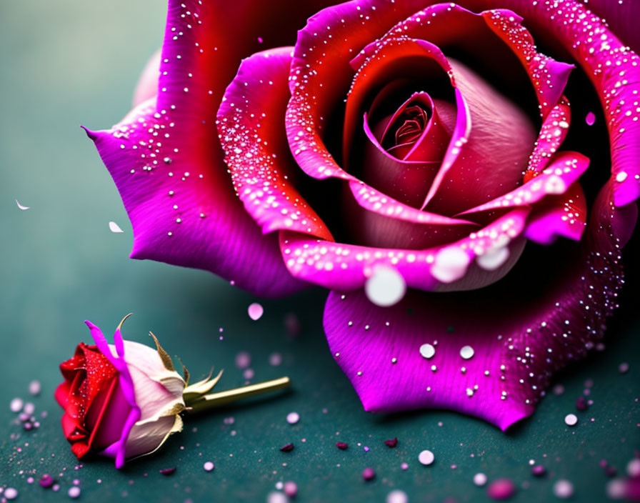 Close-up of vibrant magenta rose with water droplets, pink confetti, and teal backdrop