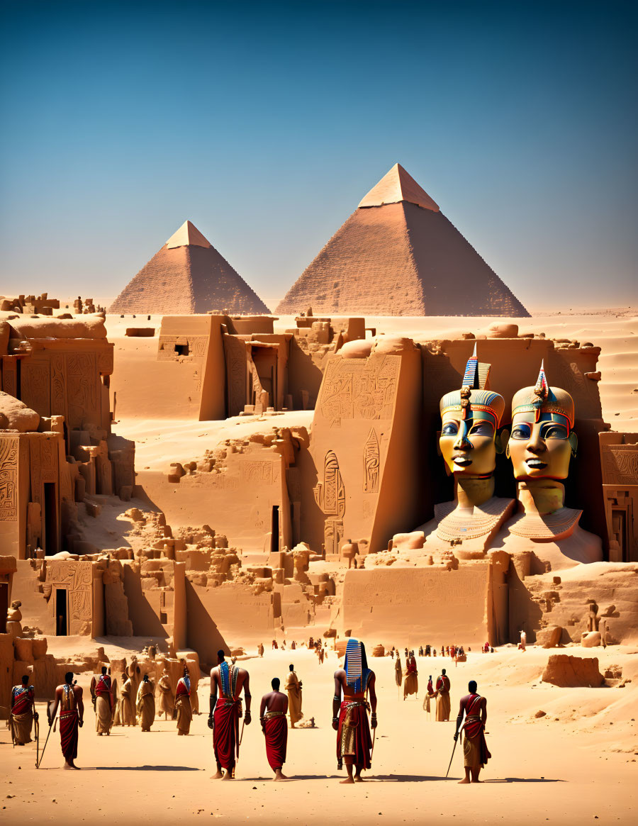 Ancient Egyptian scenery featuring Great Pyramids, temple with hieroglyphs, pharaoh statues,