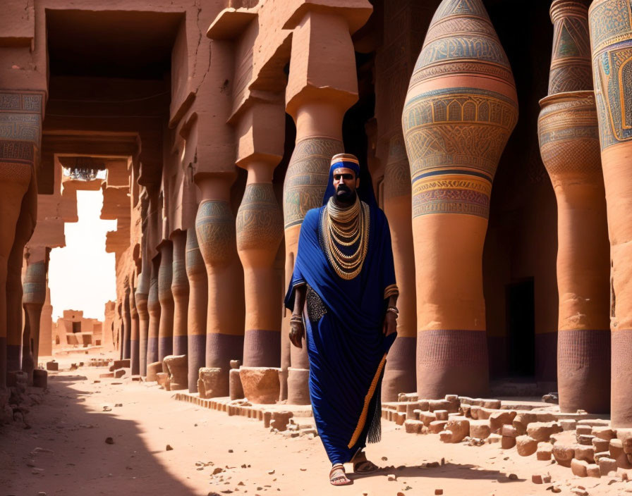 Person in traditional blue attire walks among ancient columns in desert setting