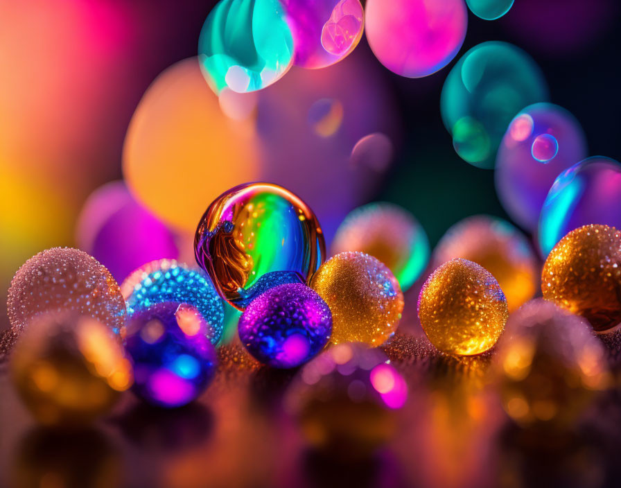 Colorful Macro Shot of Glittery Spheres and Rainbow Bubble