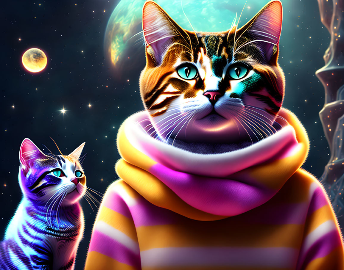 Neon-glowing cats in striped scarf on cosmic backdrop