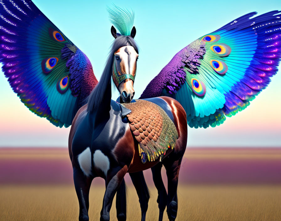 Majestic horse-like creature with peacock feather wings at twilight