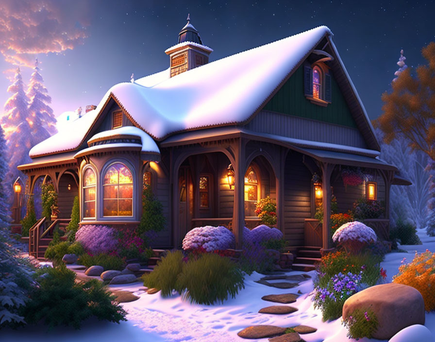 Snow-covered cottage with glowing windows in winter landscape.