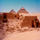 Ancient Egyptian scenery featuring Great Pyramids, temple with hieroglyphs, pharaoh statues,