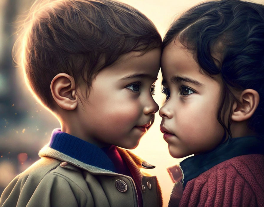 Young boy and girl sharing affectionate gaze in warm lighting