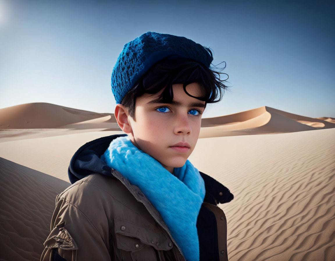 Young boy with dark hair and blue eyes in blue turban and jacket against sand dunes and clear