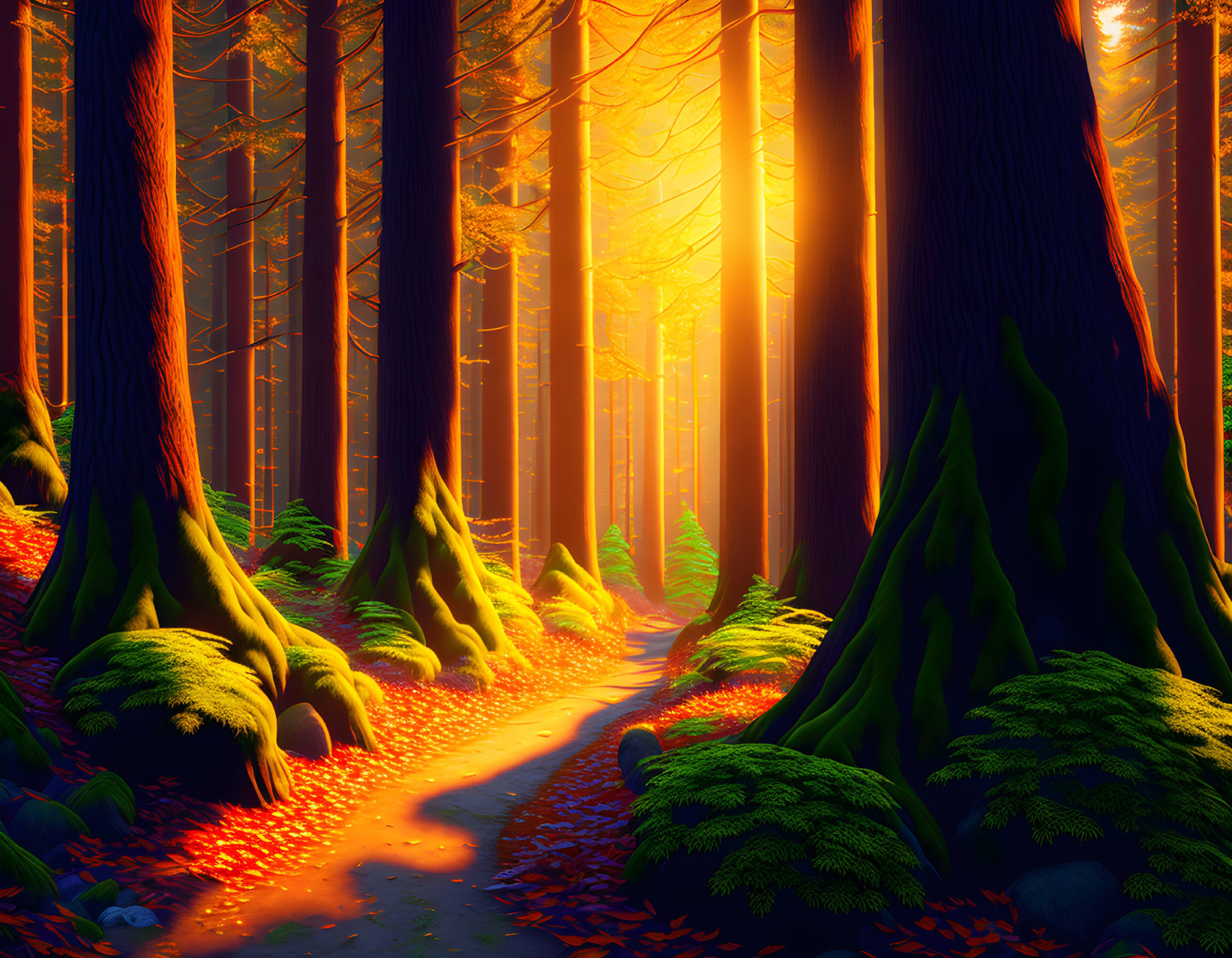 Lush forest with tall trees and sunlight on path