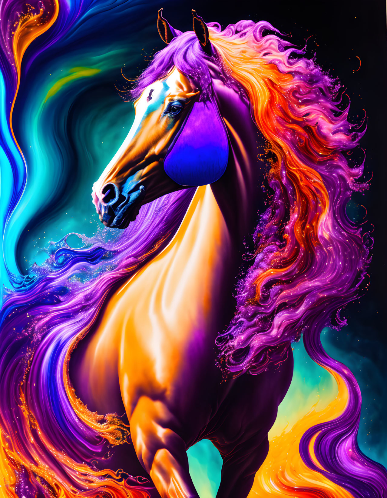 Colorful digital artwork: Horse with flowing mane in vibrant purple, orange, and blue hues against cosmic