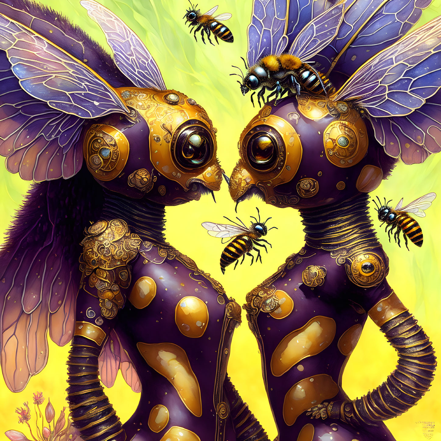 Intricately designed steampunk bees on vibrant floral backdrop