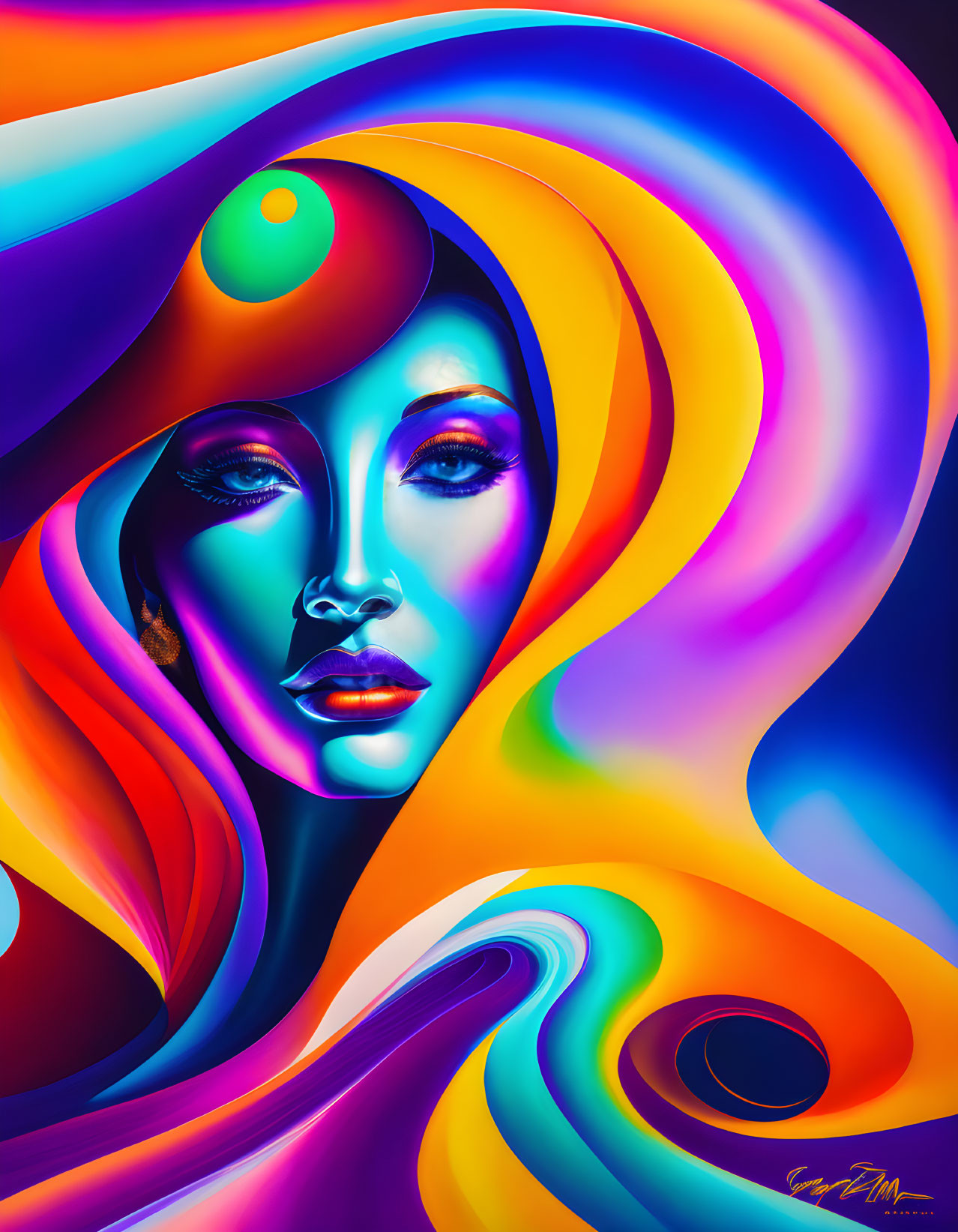 Colorful Abstract Art: Stylized Woman's Face Amid Psychedelic Shapes